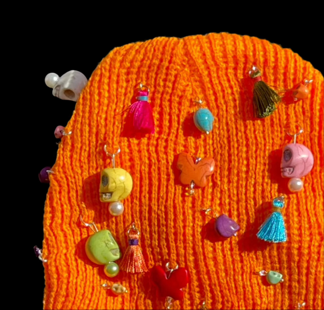 Orange Ski Mask/Balaclava with Dia de los Muertos inspired charms