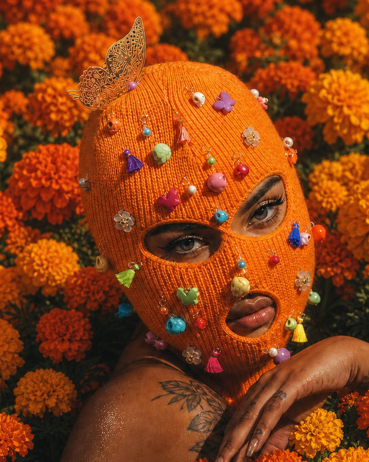 Orange Ski Mask/Balaclava with dia de los muertos charms and butterfly