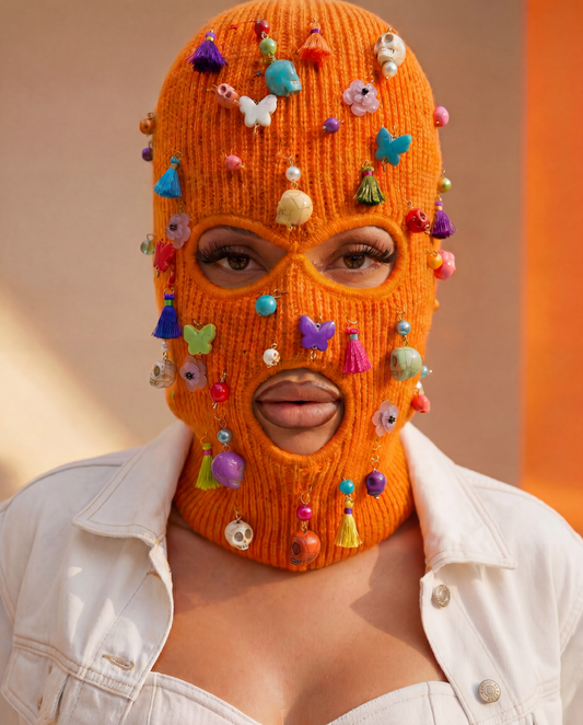 Orange Ski Mask/Balaclava with Dia de los Muertos inspired charms