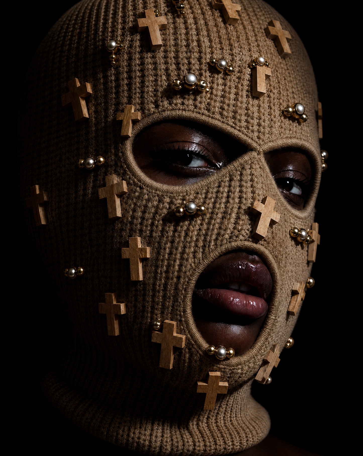 Tan Cross and gold beaded Ski Mask/Balaclava