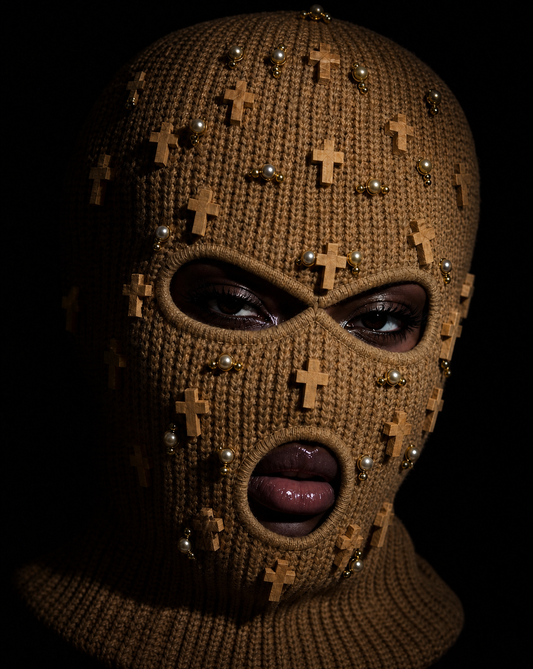 Tan Cross and gold beaded Ski Mask/Balaclava