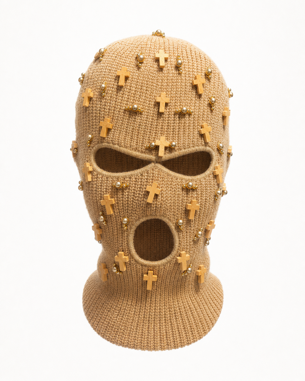 Tan Cross and gold beaded Ski Mask/Balaclava