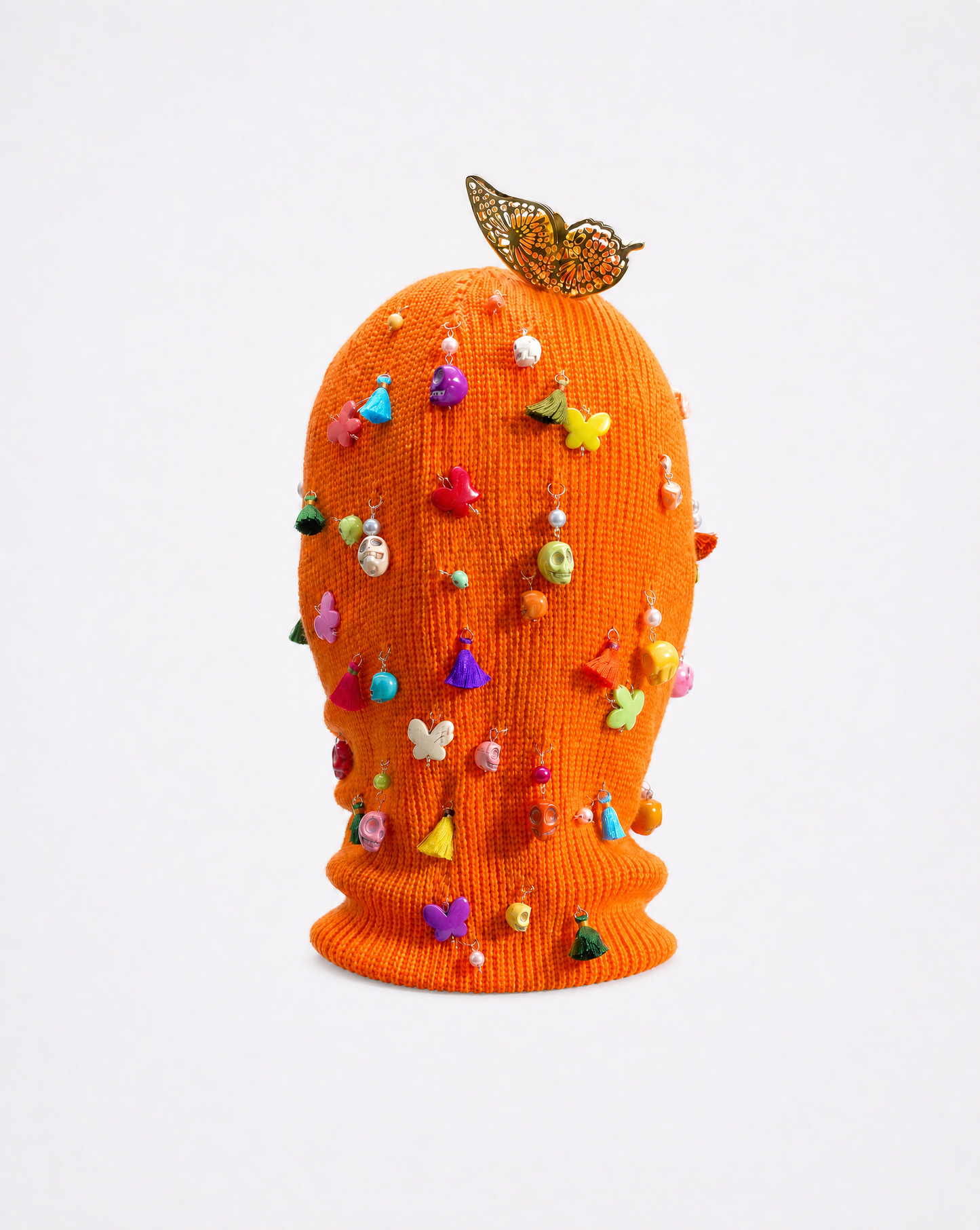 Orange Ski Mask/Balaclava with dia de los muertos charms and butterfly