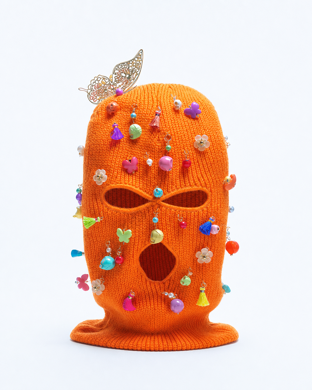 Orange Ski Mask/Balaclava with dia de los muertos charms and butterfly