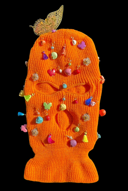 Orange Ski Mask/Balaclava with dia de los muertos charms and butterfly